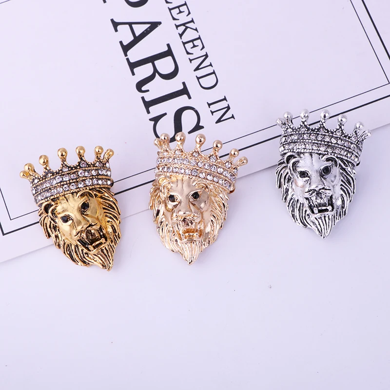Винтажная брошь в виде головы льва булавка для лацкана с кристаллами короны