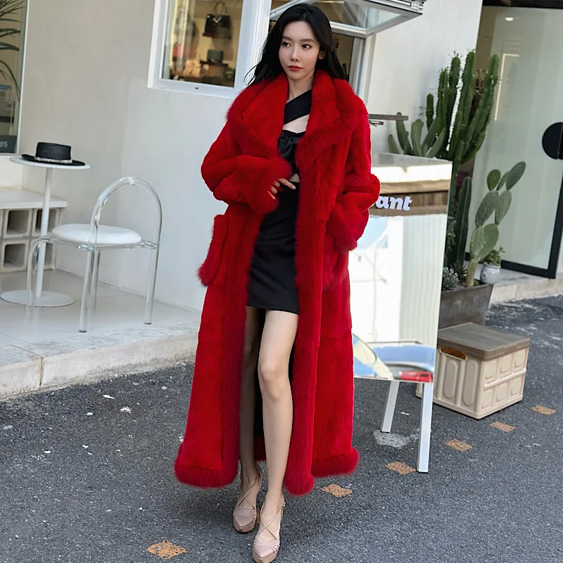 Женское длинное пальто из натур. Кожи зимнее натурального меха кролика рекс с