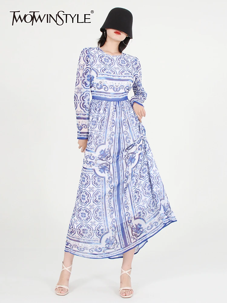 

TWOTWINSTYLE Folds Print Dresses For Women Round Neck Long Sleeve High Waist Vintage Dress Female Spring Fashion Clothing New