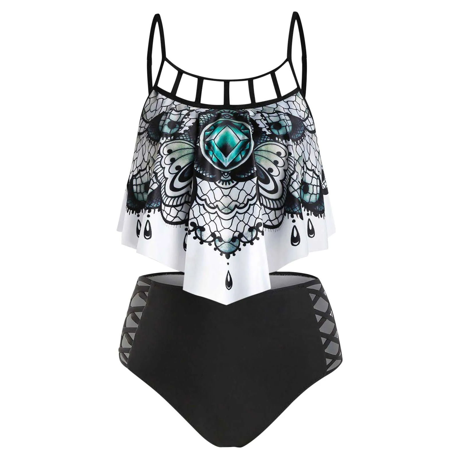 

Top Set Bikini High Swimsuit Ruffle Swimwear Women Bra Waisted Swimsuit Tube Set Beachwear Filled Print Swimwears Tankinis Set