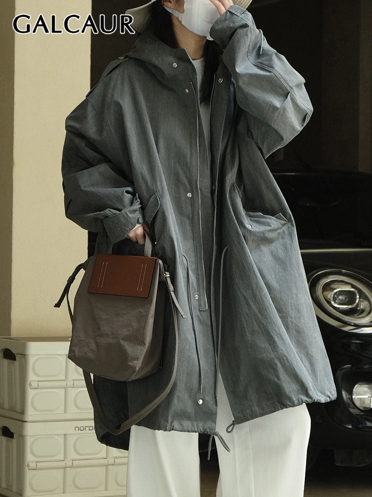

GALCAUR Solid Trench For Women Hodded Long Sleeve Patchwork Drawstring Casual Loose Tunic Temperament Trenches Female Autumn New