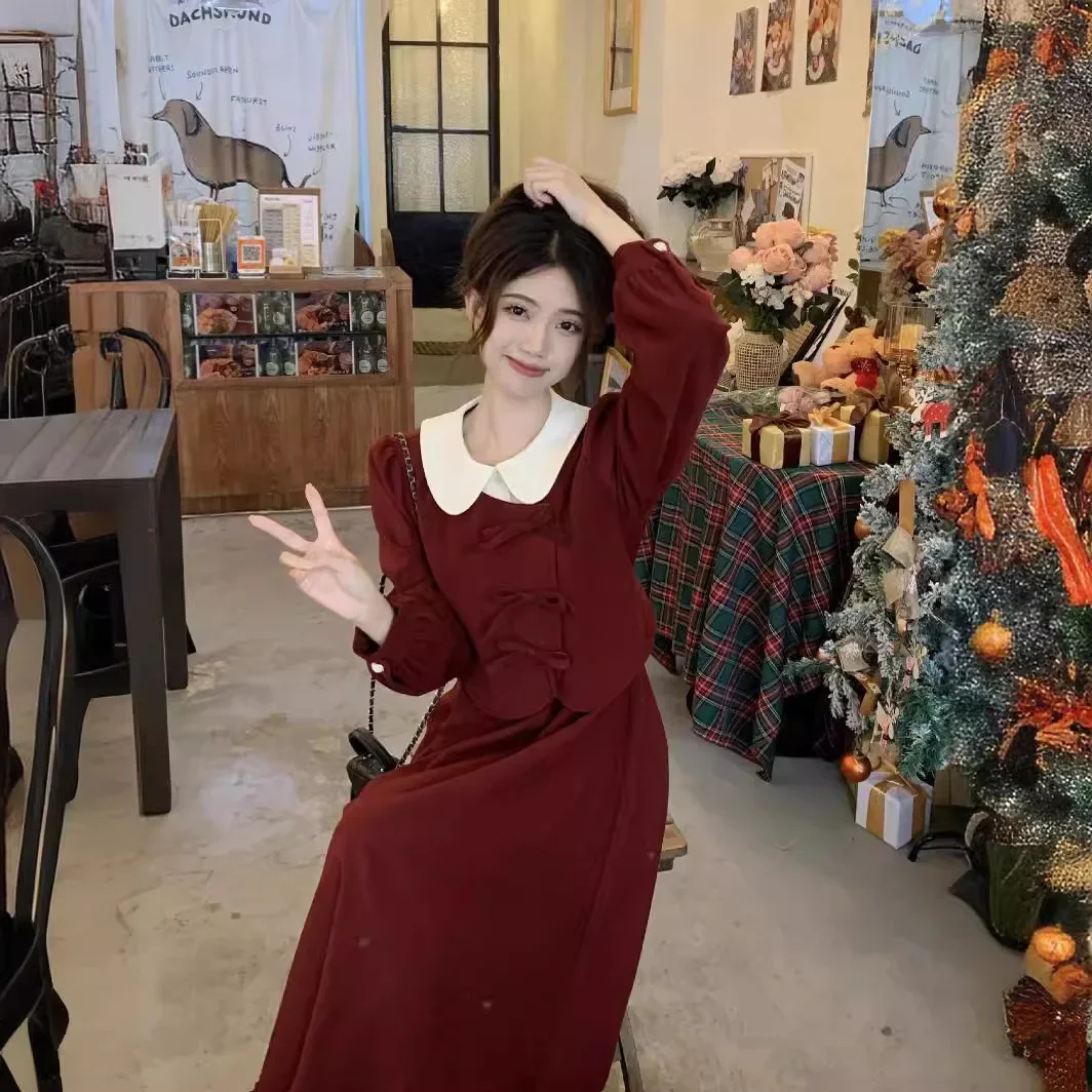 Элегантное платье из двух частей в французском стиле с длинным рукавом женское