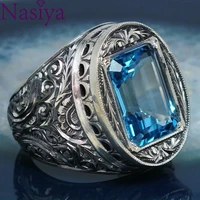 vintage style carved hollow blue crystal ring luxury silver gemstone jewelry for men women birthday anniversary gift