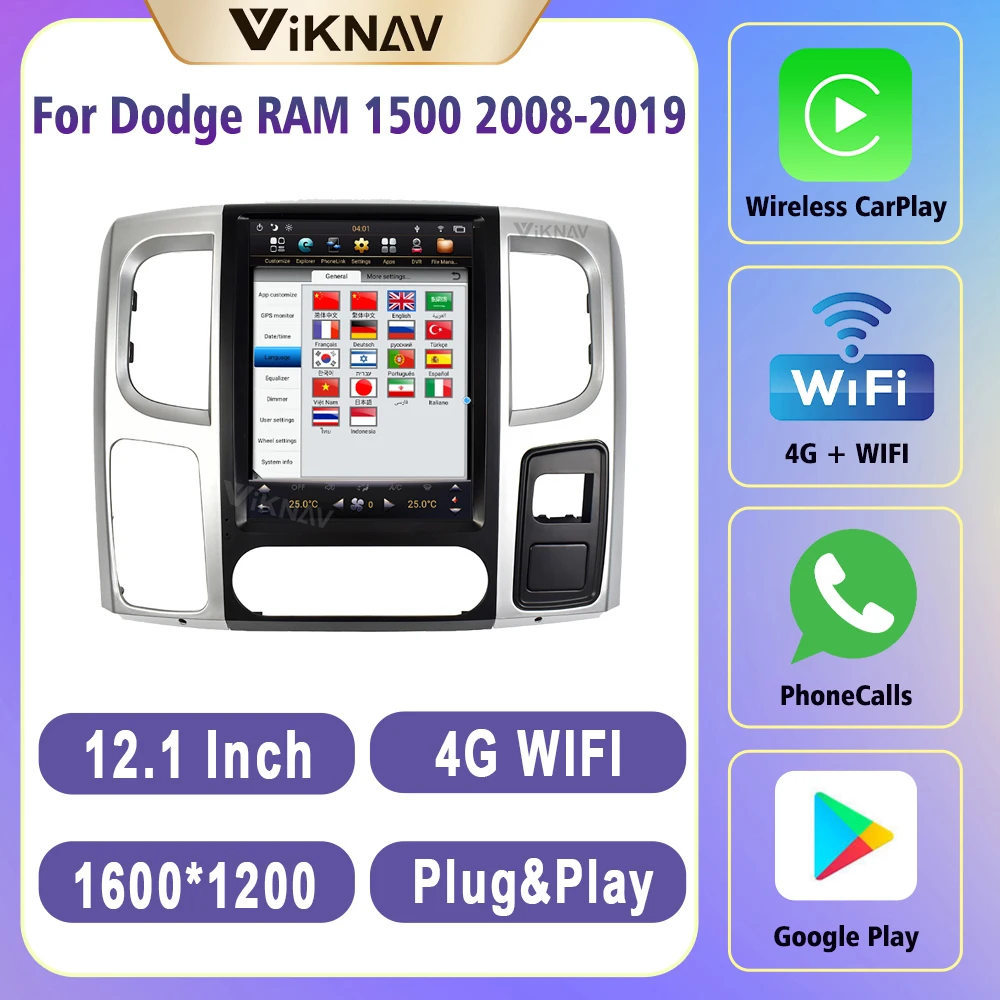 

12.1Inch 1600*1200 Tesla Style Touch Screen Car Radio For Dodge RAM 1500 2008-2019 Multimedia Player Navigation GPS Plug&Play