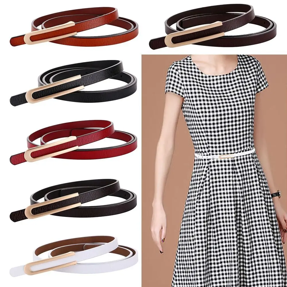 

Casual Vintage Luxury Design Thin Waist Strap Metal U Buckle Waistband Genuine Cowskin Leather Belt Trouser Dress Belts