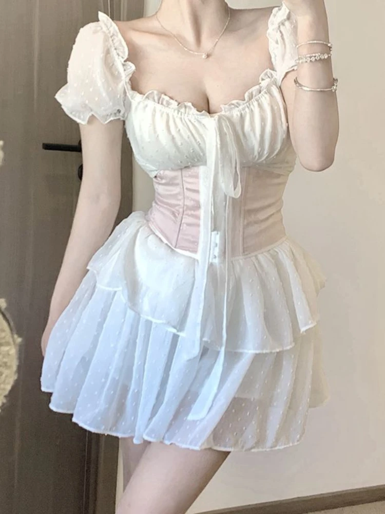 

Sweet White Mini Dress Women Summer Mesh Patchwork Fairy Dresses Summer Square Collar Puff Sleeve Sexy Slim Sundress