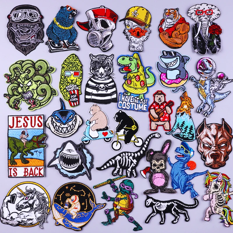 

Punk Animal Patch Iron On Patches On Clothes Shark Dinosaur DIY Embroidered Patches For Clothing Badge Fusible Patch For Clothes