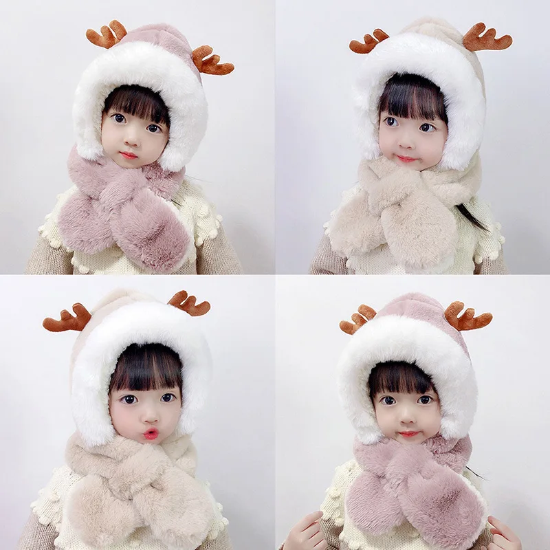 

Winter Fax Fur Children Hat Korean Cute Cartoon Elk Cap for Kid Boy Girl Thicken Plush Warm Beaine for 1-4 Year Baby Accessories