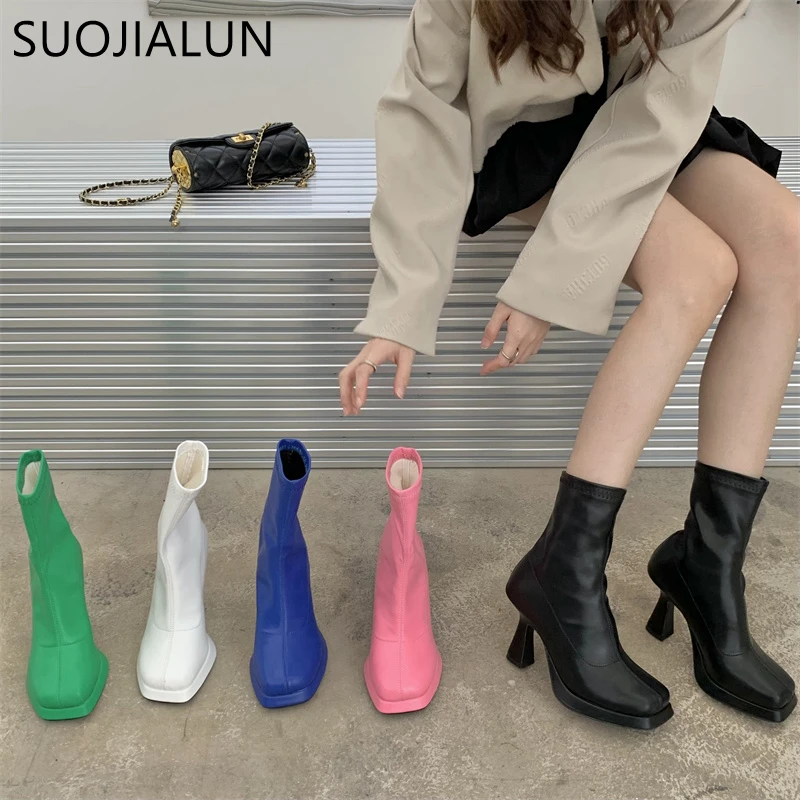 

SUOJIALUN 2022 Winter Fashion Women Platform Ankle Boots Thin High Heel Ladies Short Boot Soft Leather Slip On Chelsea Shoes