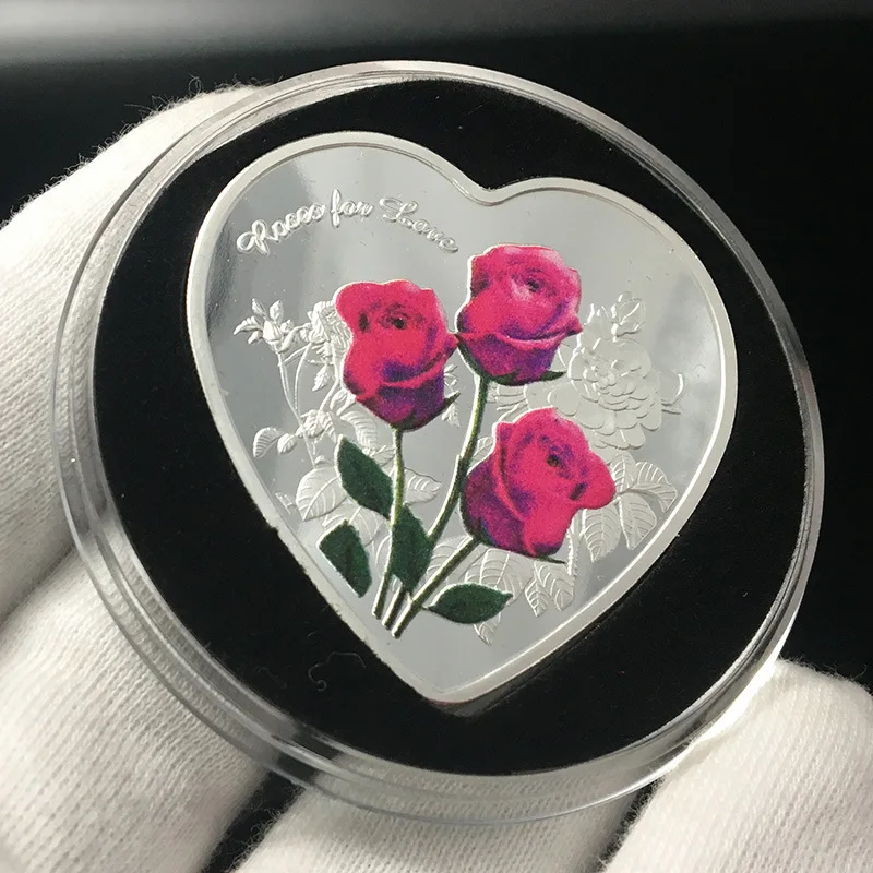 

Badge, Heart-shaped Rose, Love Commemorative Coin Collection, Silver-plated Heart, Love Color Printing Marriage Coin Lucky Coin