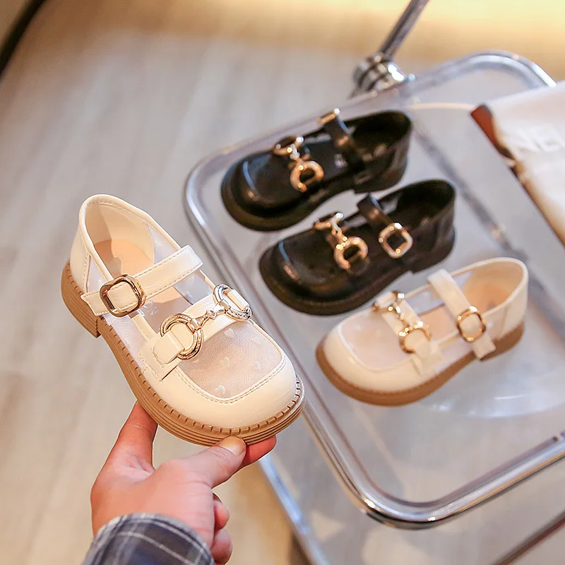 

Girls Leather Shoes with Metal 2022 Summer Fashion Children's Soft-soled Princess Mesh Casual Shoes Kids Party Wedding Shoes