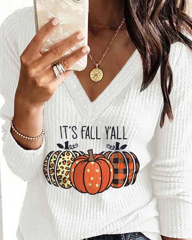 

2023 Women Clothings Autumn Halloween Pumpkin Print Contrast Lace Long Sleeve Top V Neck Long Sleeve Casual Sweatshirts Ropa