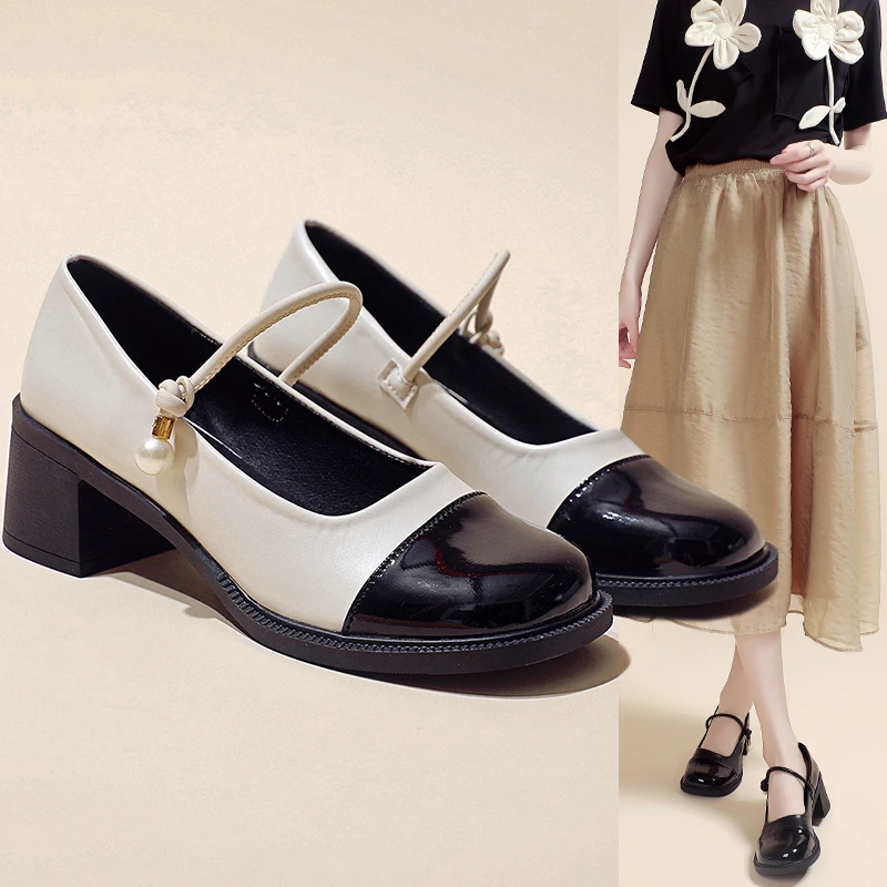 

Pearl White Heels Patent Leather Vintage Mary Shoes Low-heel Big Head Buckle Ballet Shoes Mixed Color Crude Heel Women's