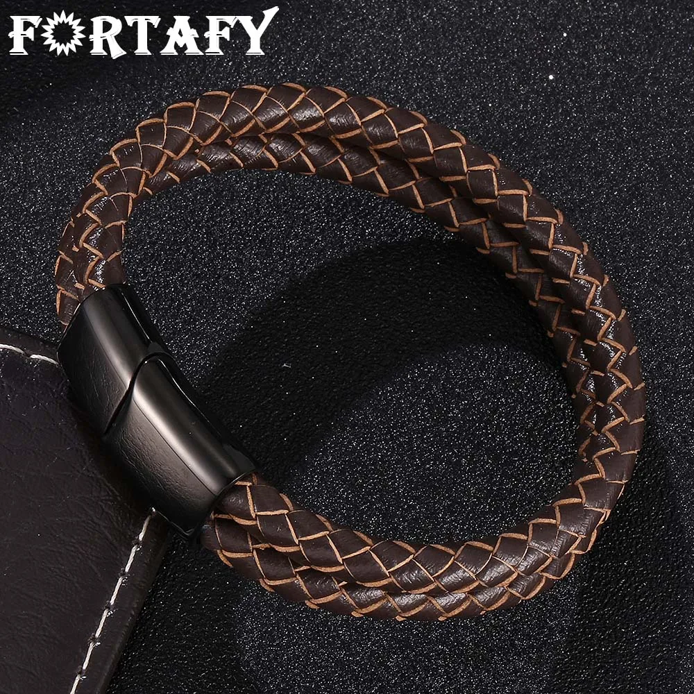 

FORTAFY Jewelry Brown Double Braided Leather Rope Bracelet Vintage Stainless Steel Magnetic Clasp Male Wristband Gifts FR0511