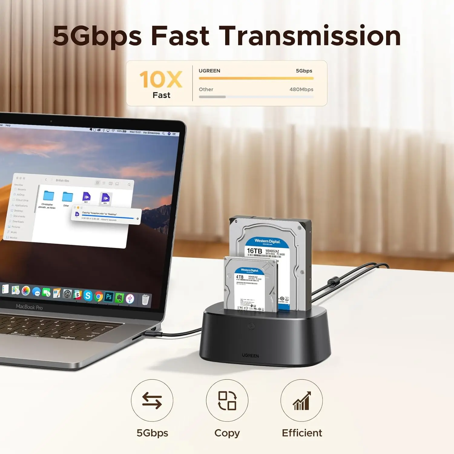 Фото Док-станция UGREEN для жестких дисков, 2-слотовый корпус для SSD и HDD дисков 2.5 и 3.5 дюймов, USB3.0 SATA HDD-корпус №3