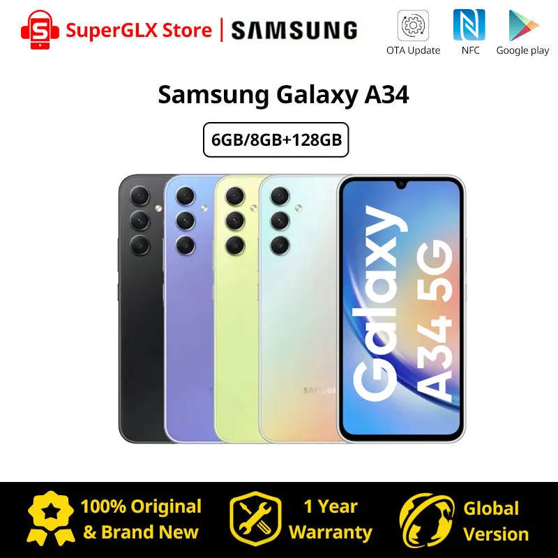 Global Version Samsung Galaxy A34 5G Android 13 MTK Dimensity 1080 6.6