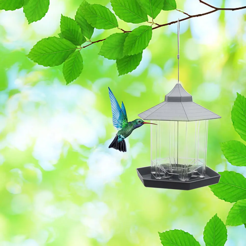 

Outside Decoration With Roof Hexagon Large Capacity Snacks Hanging Wild Bird Feeder Plastic Stand Gazebo Food Outdoor Garden