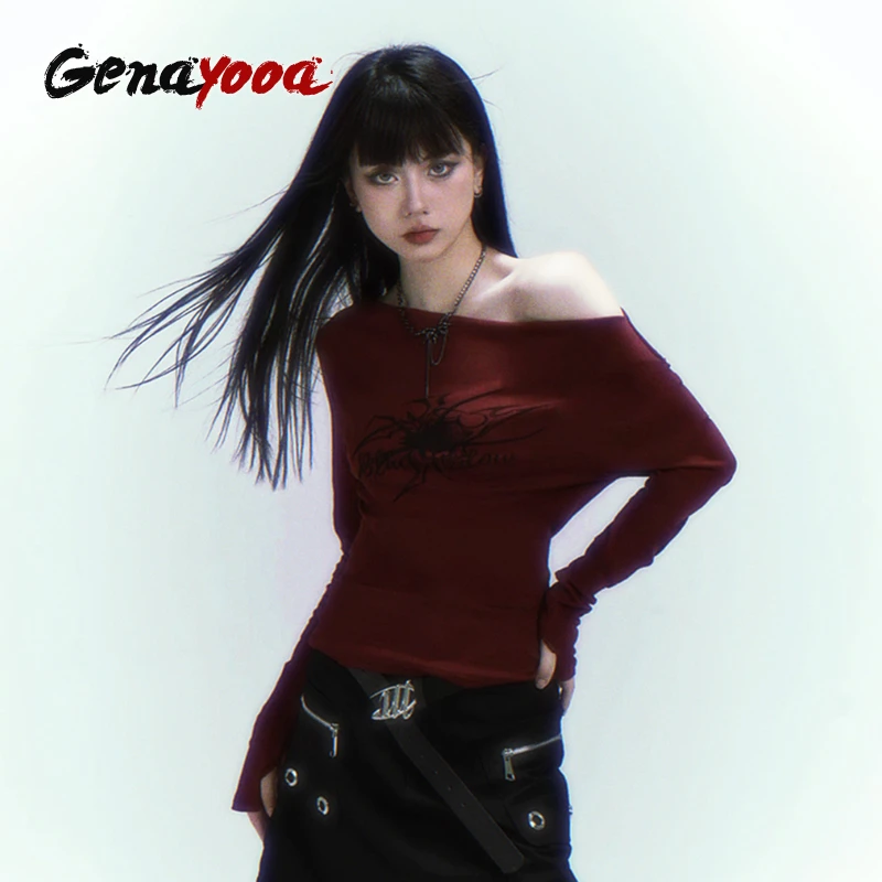 Genayooa Y2k винтажная футболка женские топы с открытыми плечами и графическим