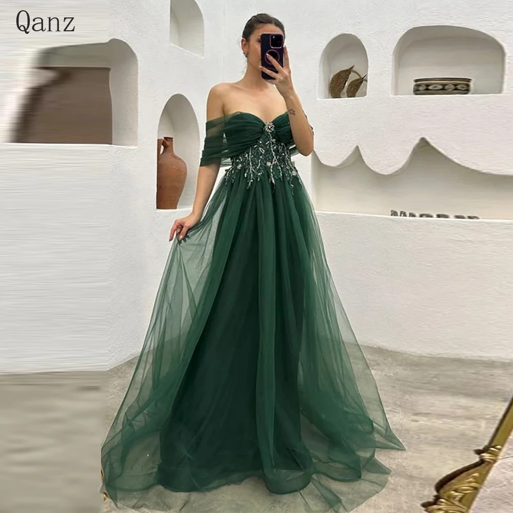 

Qanz Elegant Green Tulle Evening Dresses for Women Luxury Dubai Sweetheart Beaded Formal Vestidos De Noche Wedding Party Gowns