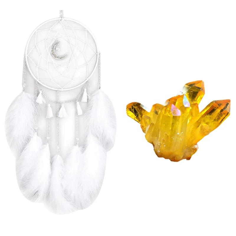

Natural Citrine Cluster Crystal Stone Degaussing Stone & LED Dream Catcher, Handmade Dream Catchers