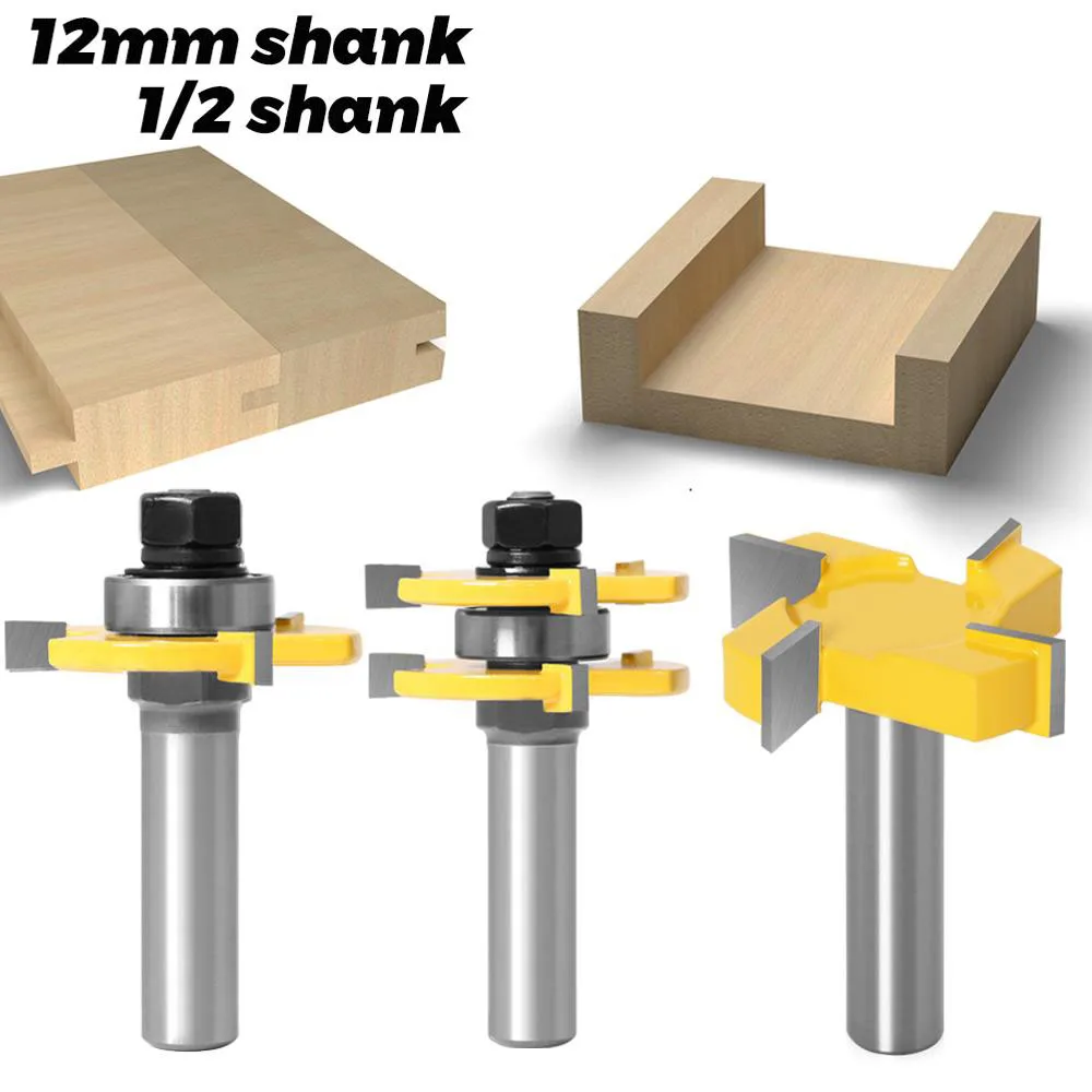 

3PC/Set 1/2" 12.7MM 12MM Shank Milling Cutter Wood Carving Tongue & Groove Joint Assemble Router Bits 3/4" stock T-Slot Tenon