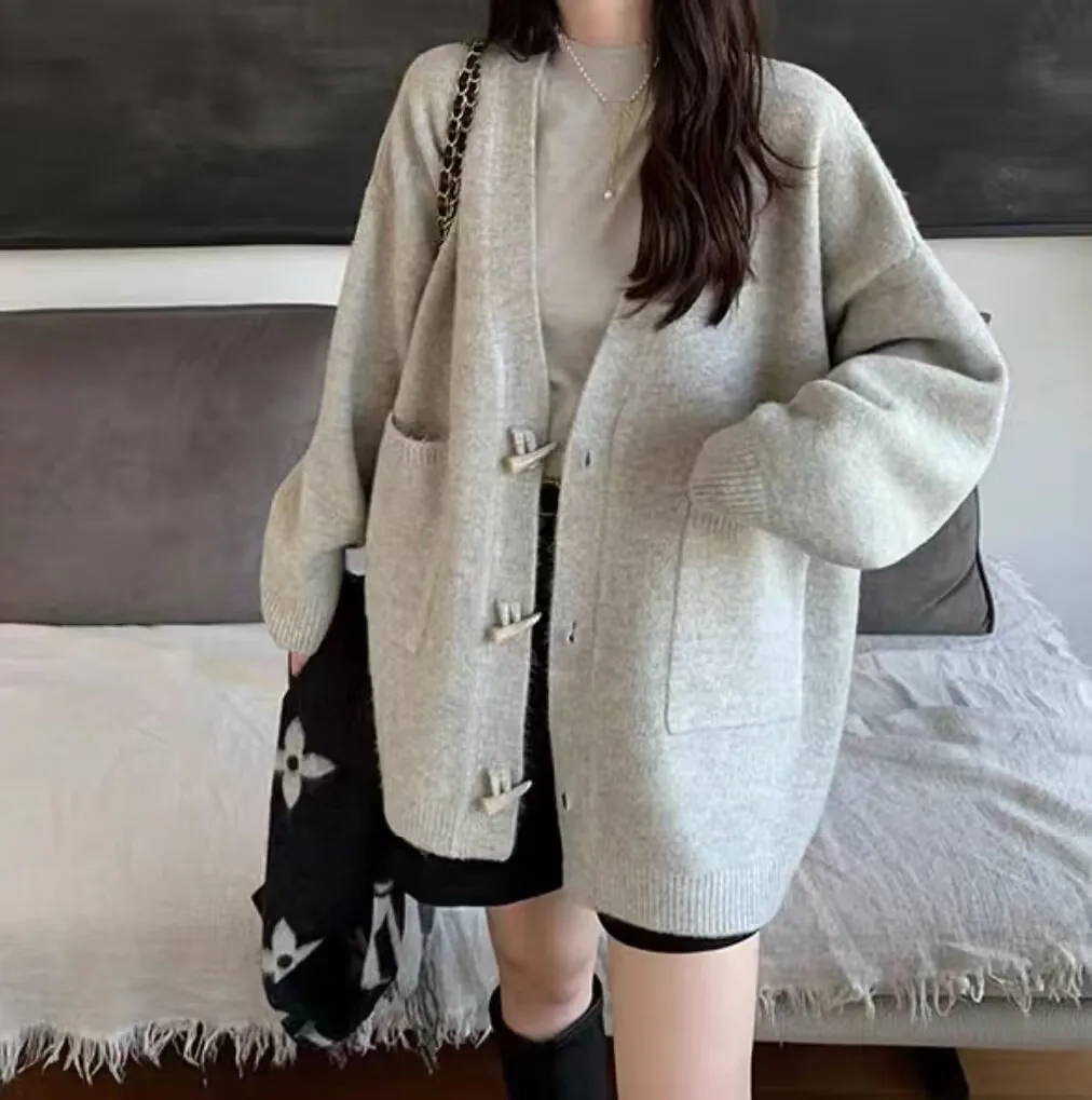 

Korean Athflow Style Ox Horn Button Knitted Cardigan Autumn And Winter Loose Sweater Jacket Women's Solid Color Casual Tops