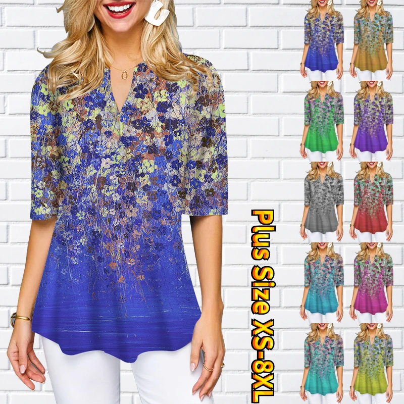 

Женская футболка с тремя пуговицами, V-образным вырезом и рукавом до локтя, Модный пуловер с принтом, Новинка лета 2023, Женская Повседневная С...