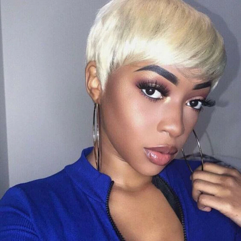 

613 Honey Blonde Color Wig Short Wavy Bob Pixie Cut Full Machine Made Human Hair Wigs With Bangs For Black Women Remy