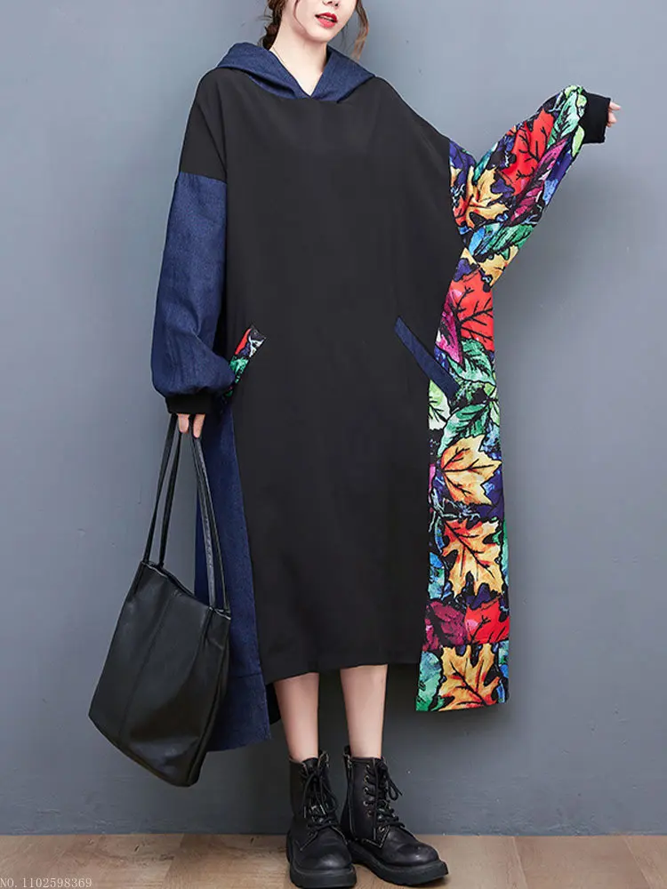 

2023 Autumn Fashion Vestidos Womens Loose Printed Denim Cotton Hooded Dresses Ladies Casual Luxury Vintage Punk Clothes