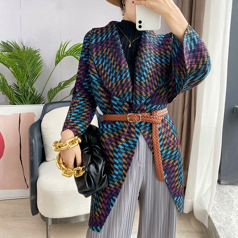 

Женский плиссированный кардиган Miyake, элегантный повседневный Свободный кардиган в клетку с длинными рукавами и цветным блочным принтом, Ос...