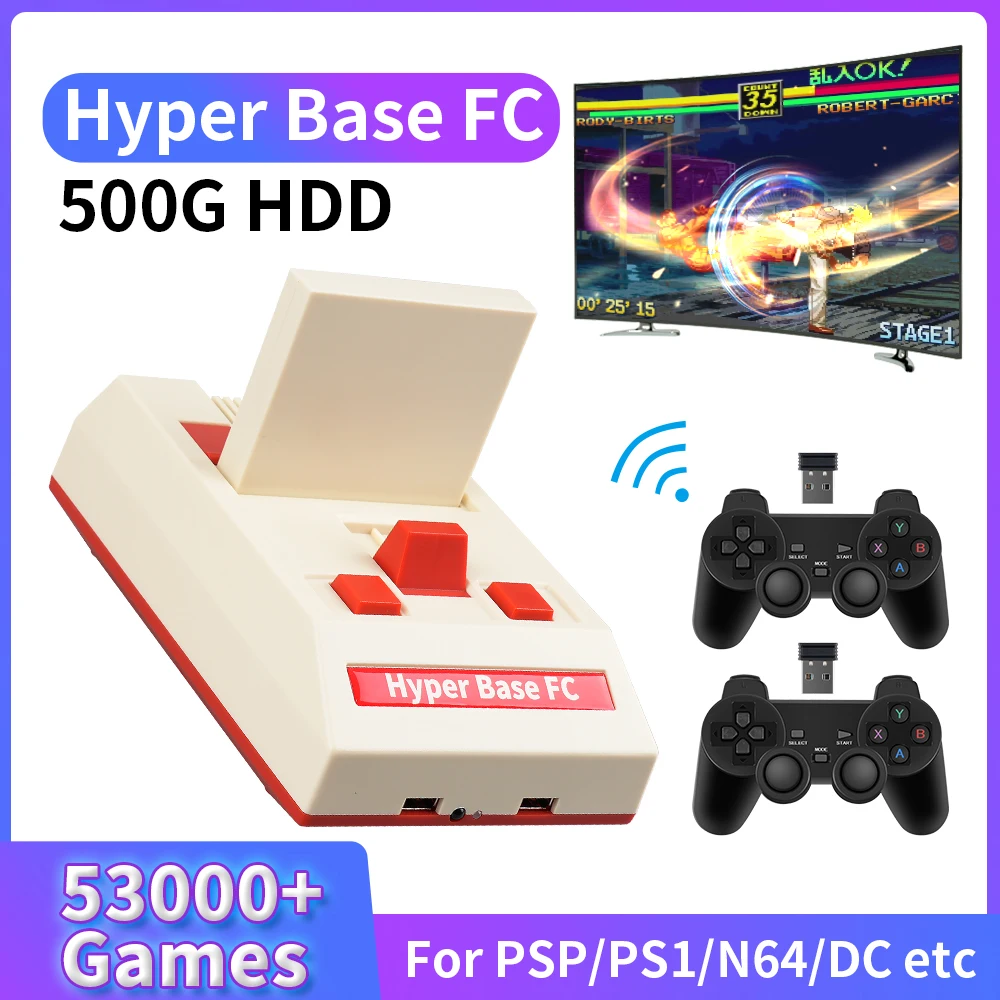 Retro Video Game Console 4K UHD Hyper Base FC Game Box Ext.500G HDD for PSP/PS1/N64/DC/3DO/MAME/NDS 53000+Games with Controller