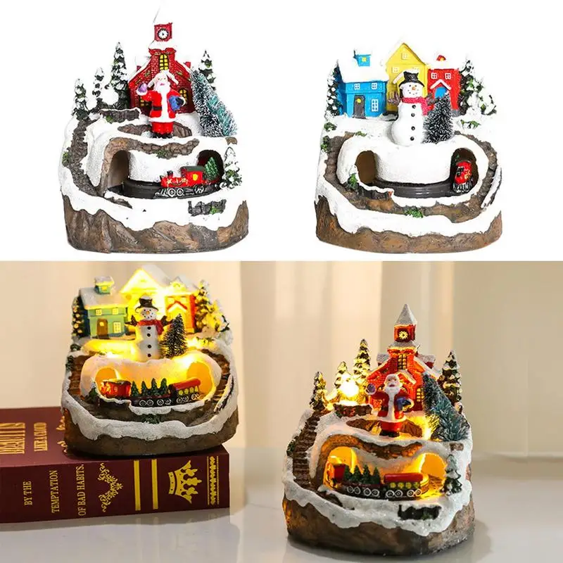 

Рождественский Снежный домик, украшение Санта-Клаус из смолы, настольное украшение, светящиеся фигурки деревни на батарейках, домашнее укр...