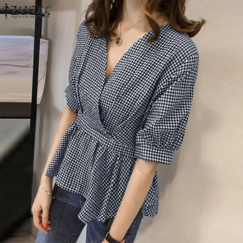 

ZANZEA Casual Slim Waist Short Sleeve Shirt Bohemian Checked Printed Tunic Loose Elegant Tops Spring Plaid V Neck Blouse Women