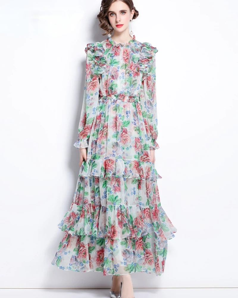 

Runway Fashion Ruffles Floral Print Chiffon Long Maxi Dress Women Spring Flare Sleeve Bohemian Beach Party Vestidos 2022