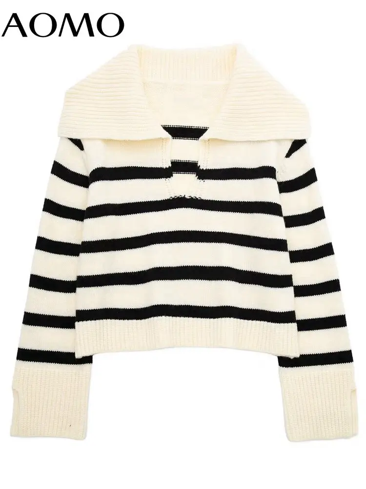 

AOMO 2022 Women Striped Loose Knit Sweater Vintage Turn Down Collar Long Sleeve Female Pullovers 3H642A