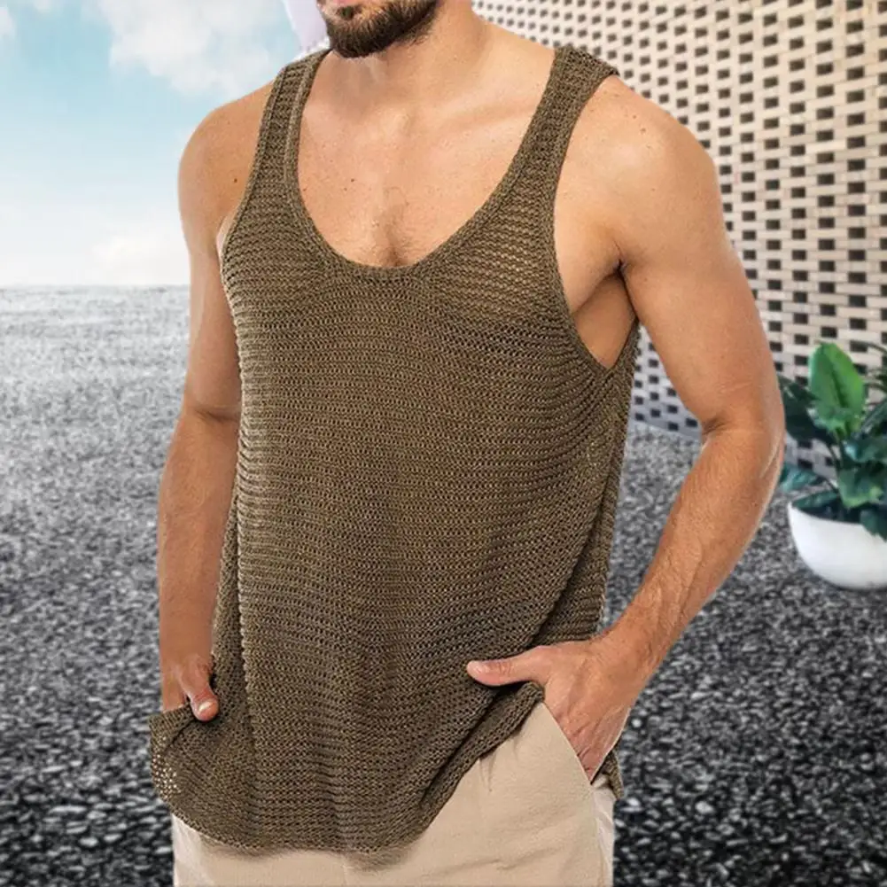 

Loose Men Top Clothes Summer Breathable Solid Color Tank U Neck Leisure Type Knitted Super Tops Daily