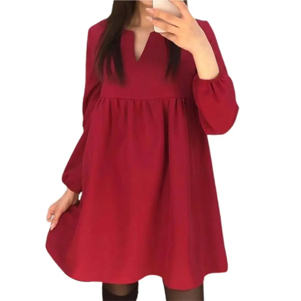 

Simple Casual Dress Solid Color Pleated A-line Women Comfortable Casual Dress