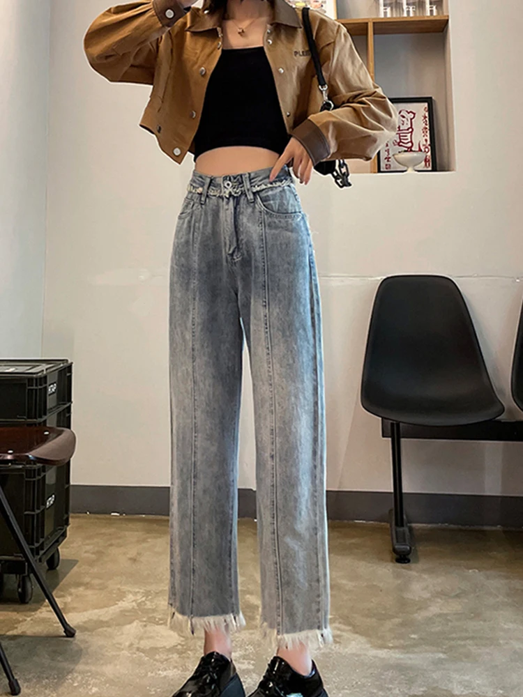 Casual Raw Hem High Waist Jeans Loose Wide Leg Pants 2023 New Korean Fashion Women'S Clothing