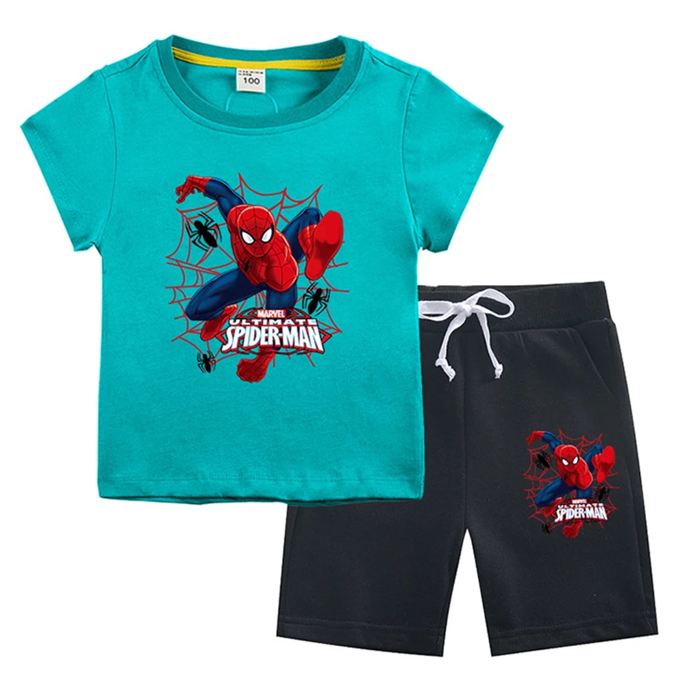 

Cartoon Animation Children's Short-Sleeved Top Five-Point Pants Two-Piece Set 2022 SpiderMan Summer New Boy Shorts Suit 3-10Y