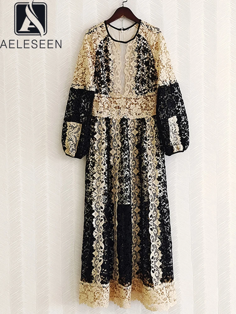 AELESEEN 2022 Autumn Elegant Dress Women Runway Fashion Lantern Sleeve Flower Embroidery Lace High Quality Ladies Party Long