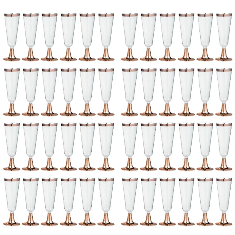 

48Pcs 150 Ml Plastic Rose Gold Rimmed Clear Hard Disposable Party Wedding Cups Premium Fancy Champagne Glasses Flutes