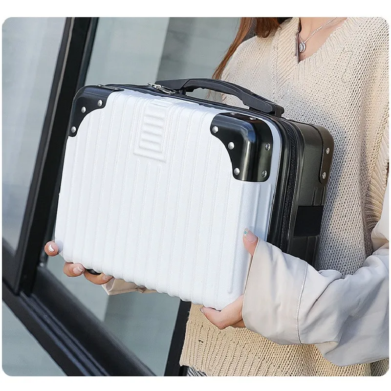 Portable Travel Handheld Luggage for Women Small 14 Inch Makeup Box Lightweight Travel Mini Simple Stripe Suitcase Cosmetic Case