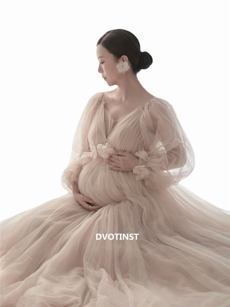 Women Photography Props Champange Mesh V-neck Floral Elegant Maternity Dresses Perspective Pregnancy Dress for Studio Shooting enlarge