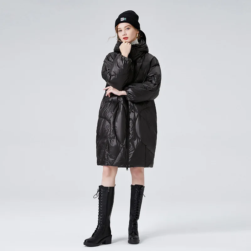 Black Glossy Thickened Women's Coat Cotton Jacket Outerwear Windproof Loose Hooded Medium Length Down Jacket Women Winter Coat