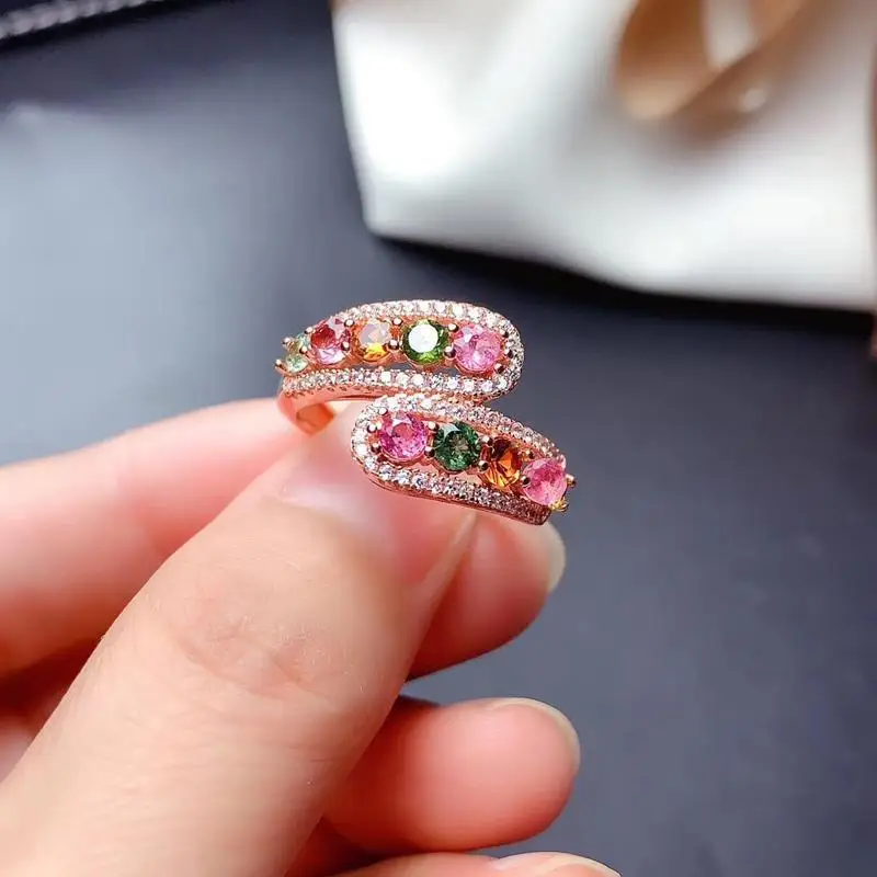 

Новое серебряное инкрустированное розовое кристаллическое разноцветное кольцо из драгоценных камней розовое золото открытое в этническо...