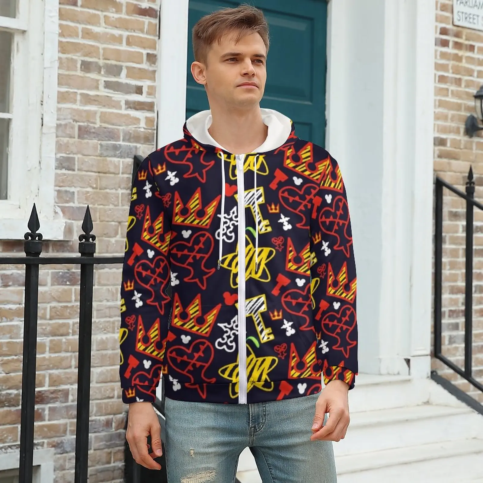 

Kingdom Hearts Hoodie Red Heart Print Cool Mens Hoodies Mens Autumn Zip Up Hoodie Big Size
