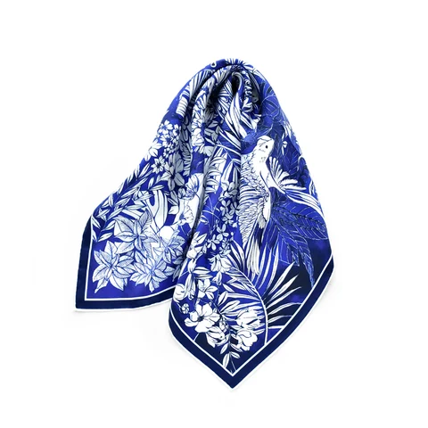 Женский квадратный шарф из натурального шелка, с принтом синего попугая и джунглей, 60 см