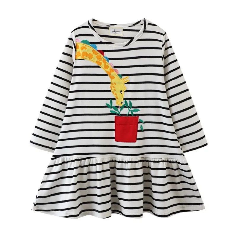 

Jumping Meters Long Sleeve Giraffe Embroidery Princess Girls Dresses Autumn Spring Stripe Children's Clothes Hot Selling Dress