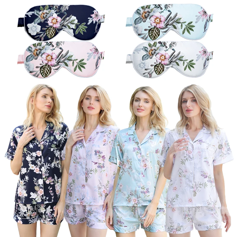 

Silk Floral Pajamas Set Women Satin Sleepwear Ladies Pajamas Nightly Elegant Charm Silk Matching with Kids & Eye Mask