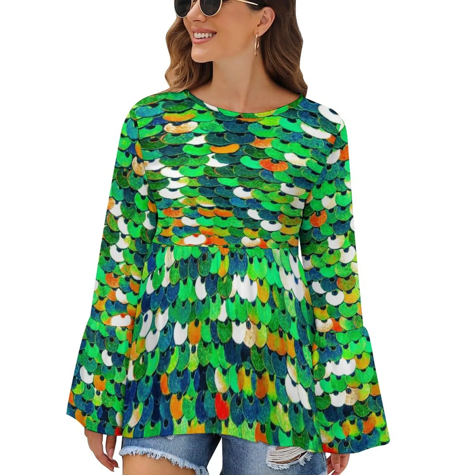 

Футболка женская оверсайз с длинным рукавом и блестками, с металлическим принтом